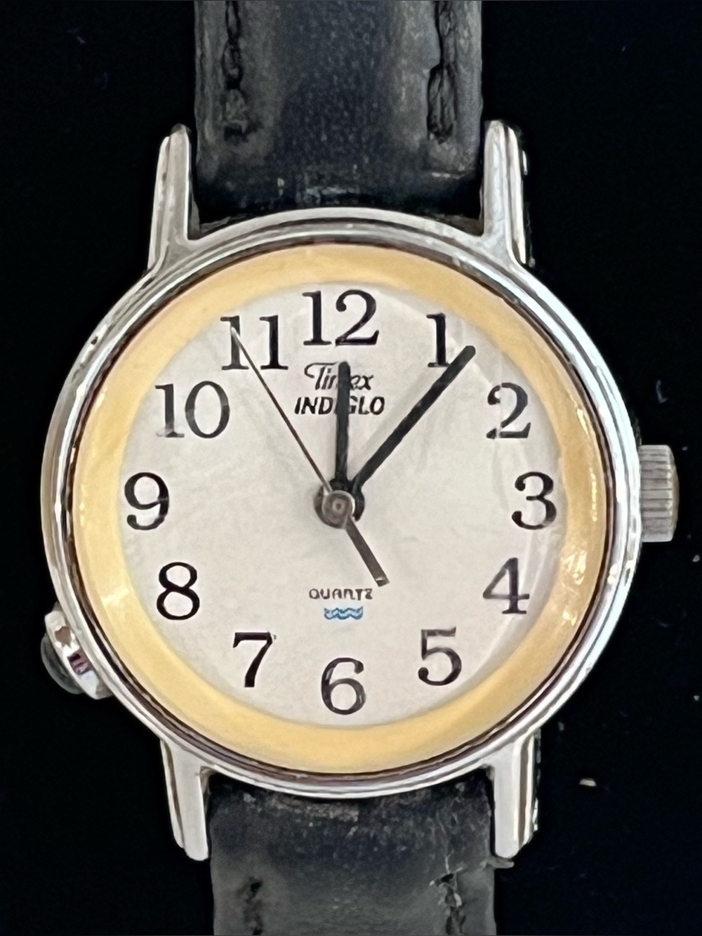 Vintage Timex Indiglo Petite Ladies Watch Black Strap Gold Bezel